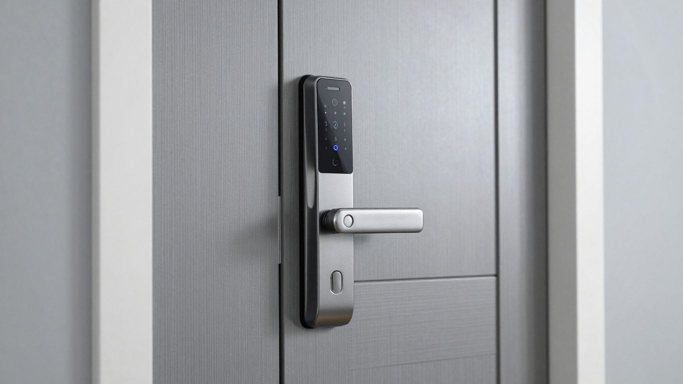 Modern Z-Wave door lock on a smart home entryway.