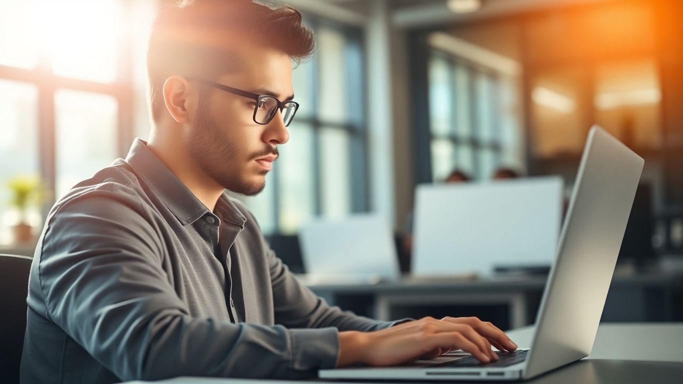 Web developer working on a laptop in a modern office.