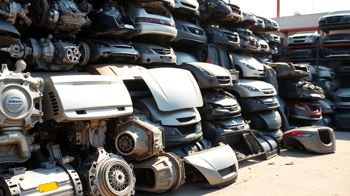 Used Nissan car parts in an auto recycling yard.