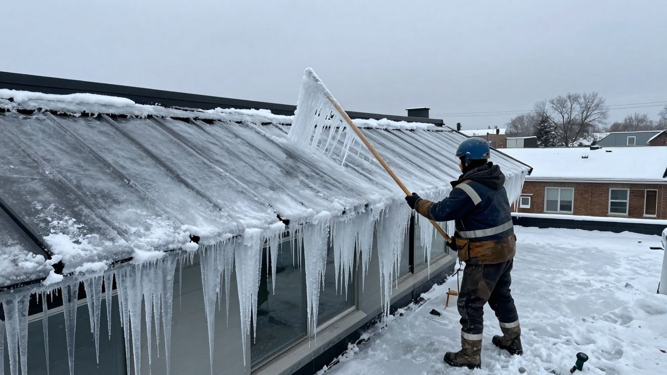Worker Removing Roof Ice in Ottawa