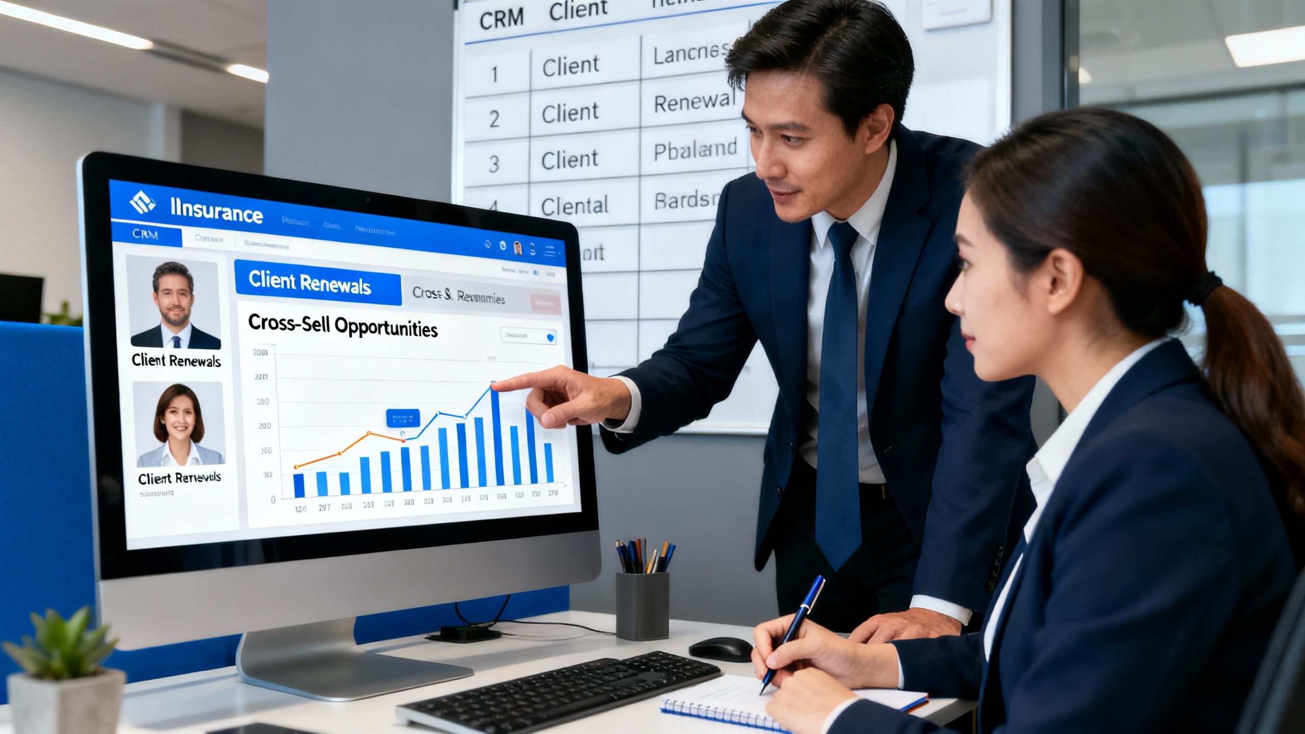 Insurance agents collaborating to manage client renewals and cross-sell opportunities in a CRM