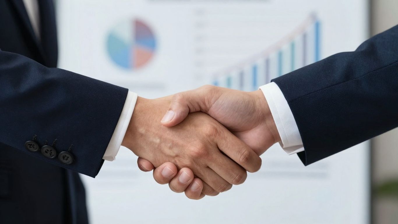 Handshake over legal documents, intellectual property agreement.