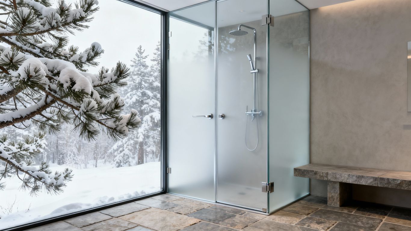 Winter walk-in shower with frosted glass and snowy view.