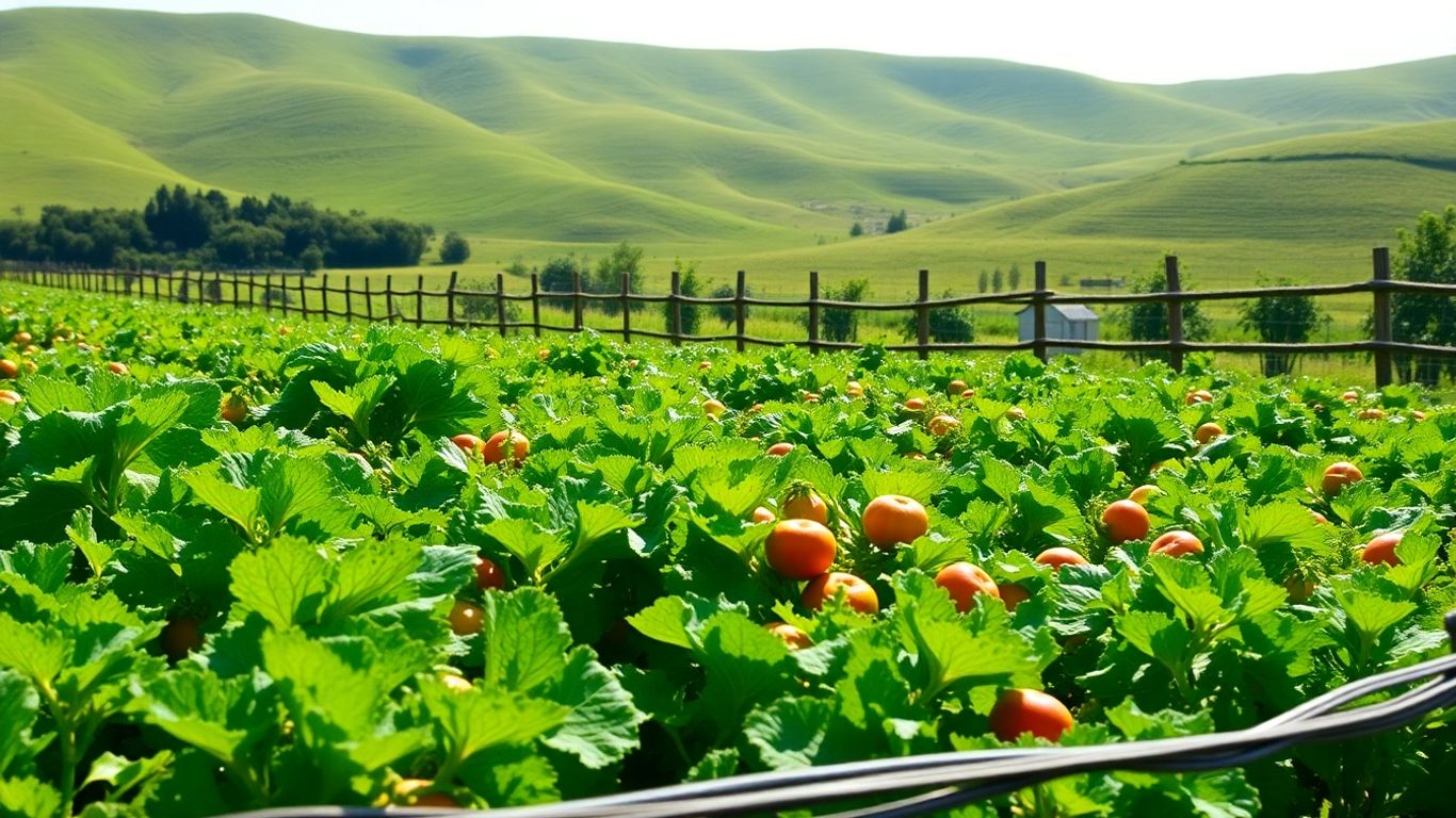 Teren agricol verde cu legume proaspete și dealuri.