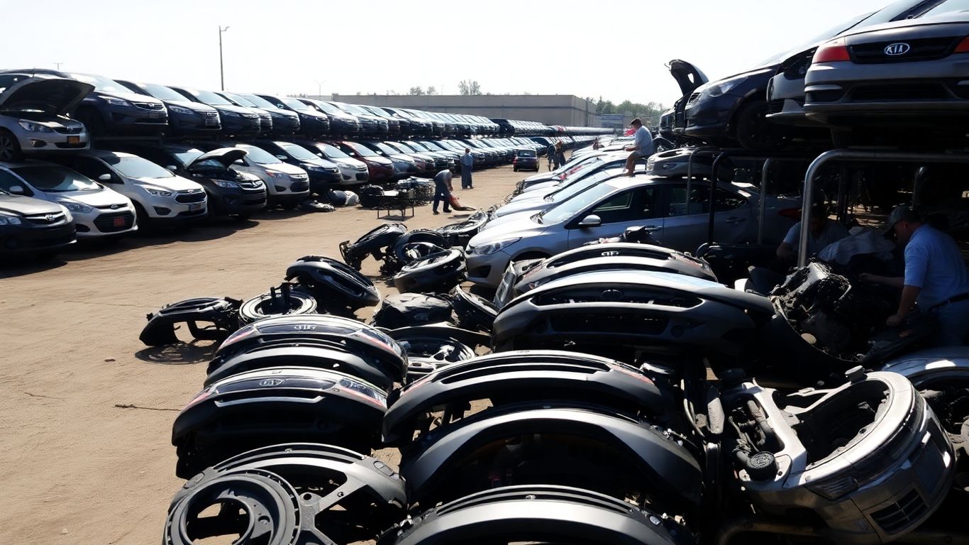 Mechanics removing parts from salvaged Kia cars in yard.