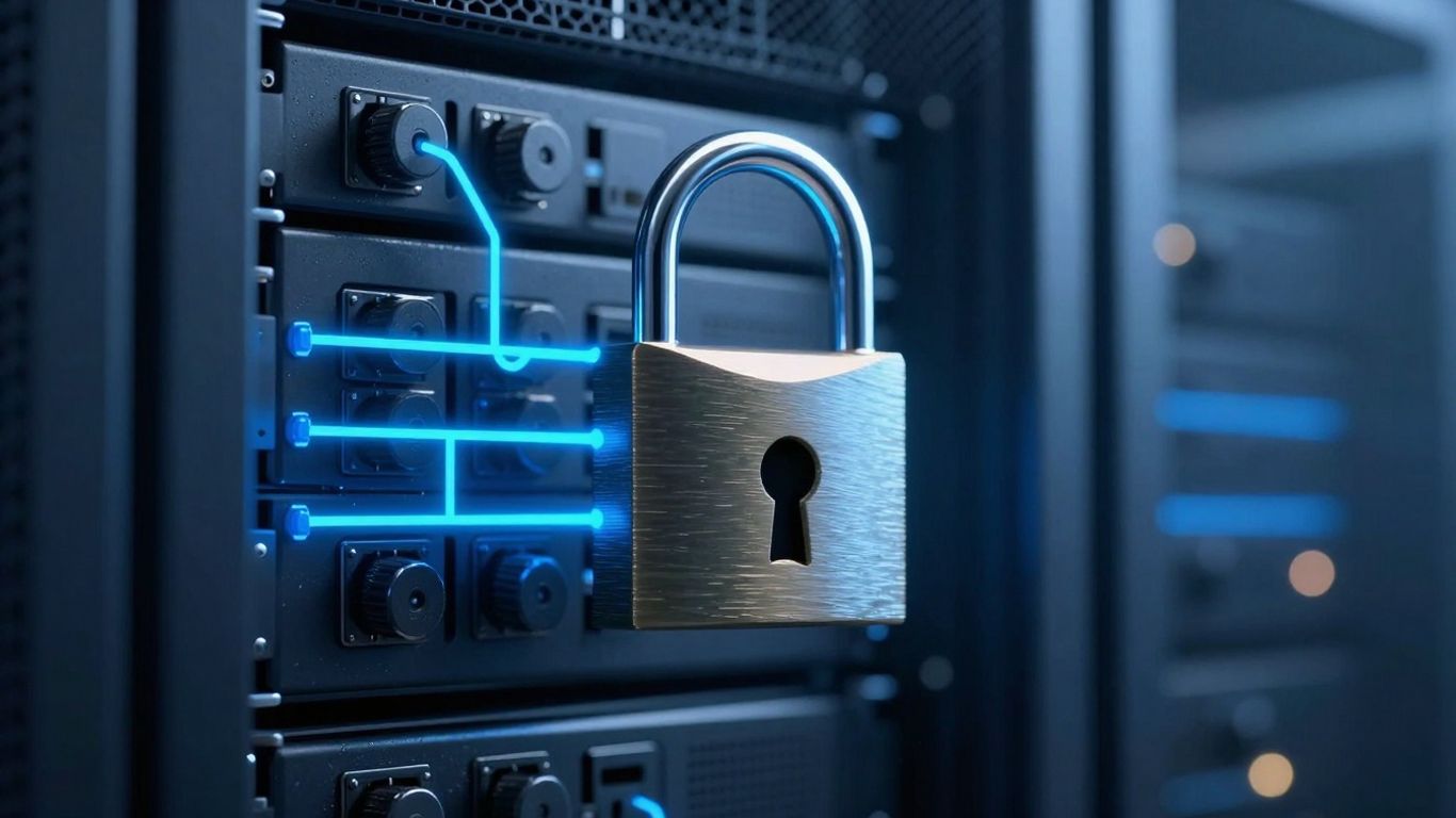 Digital padlock securing a server rack.