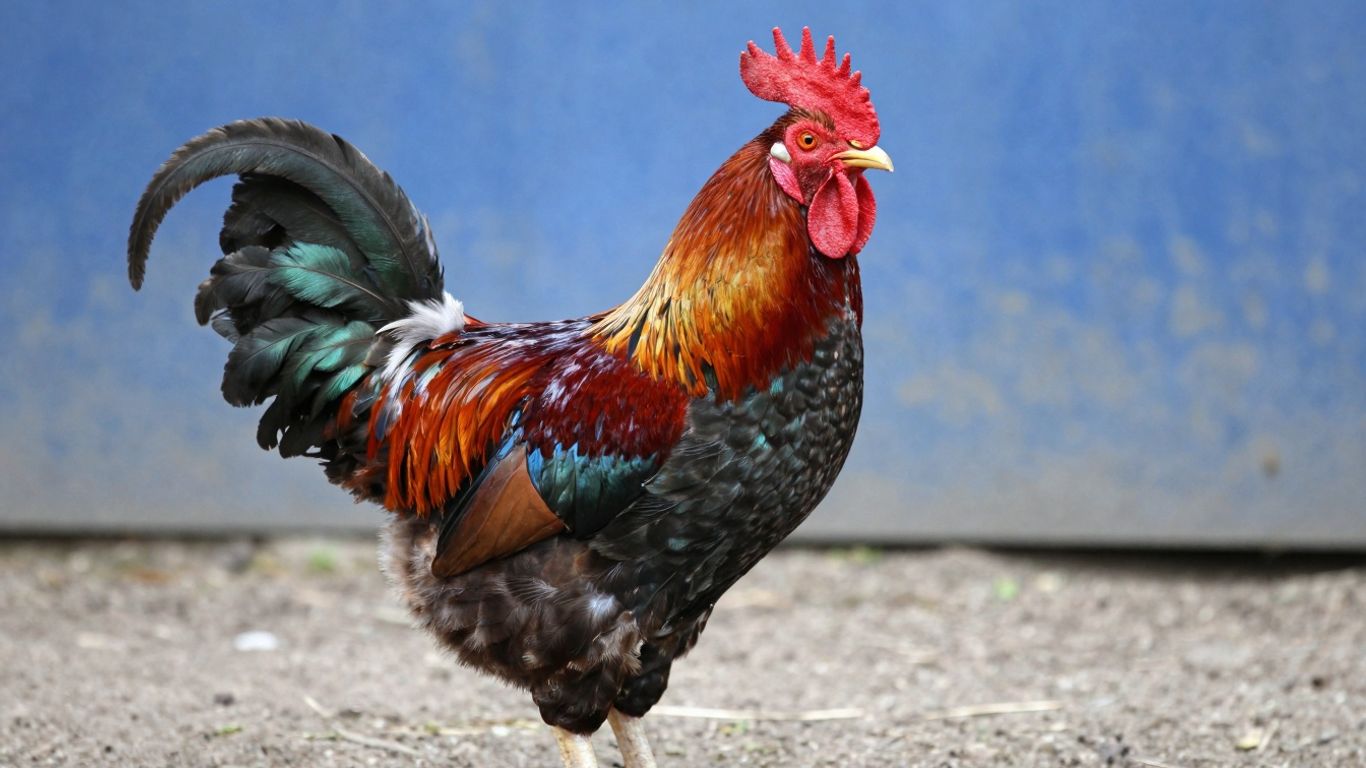 Majestic gamecock with vibrant plumage, standing proudly.