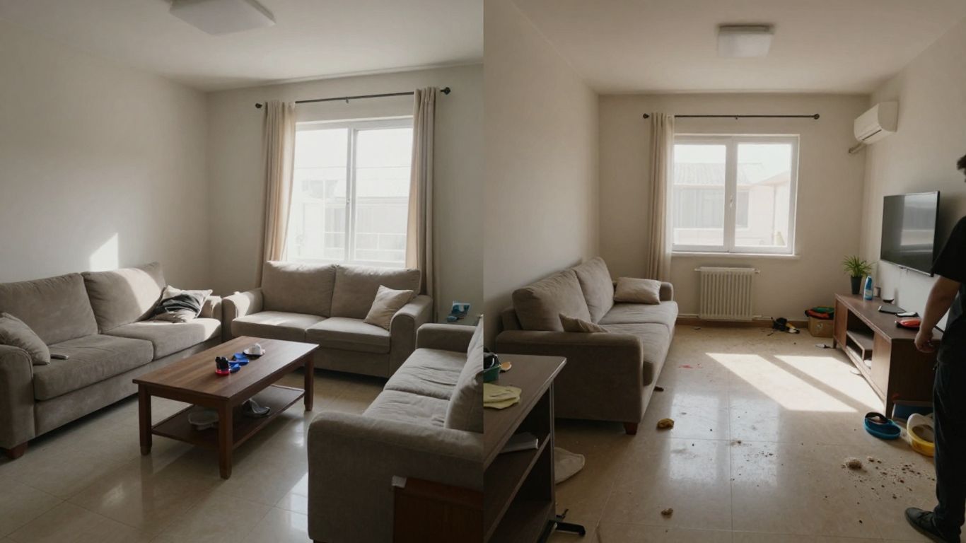Clean vs. dusty room comparison for house cleaning.