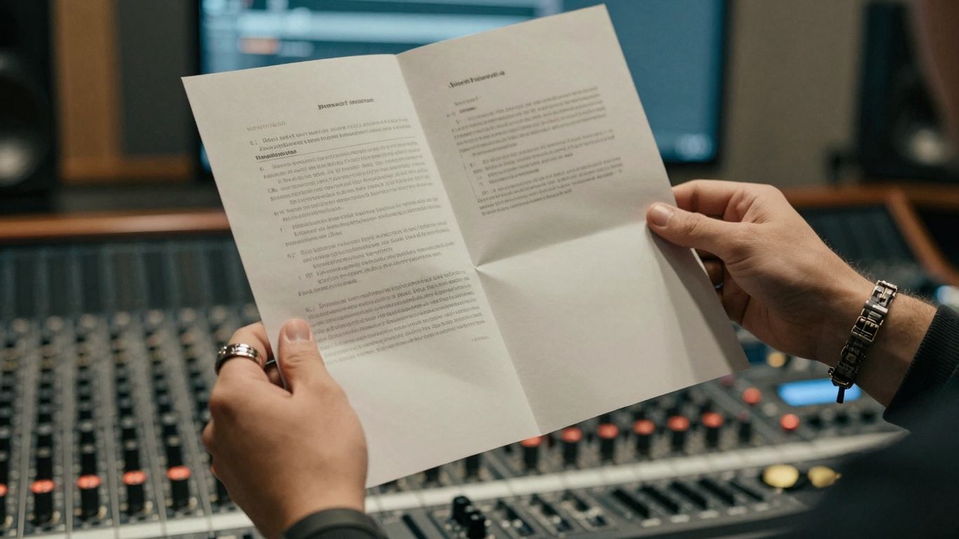Hands holding a split sheet document in a music studio.