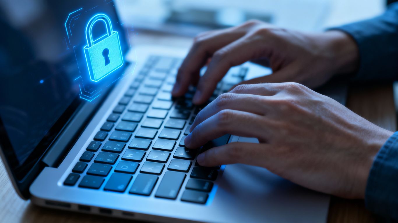 Mãos digitando no teclado com cadeado de segurança.