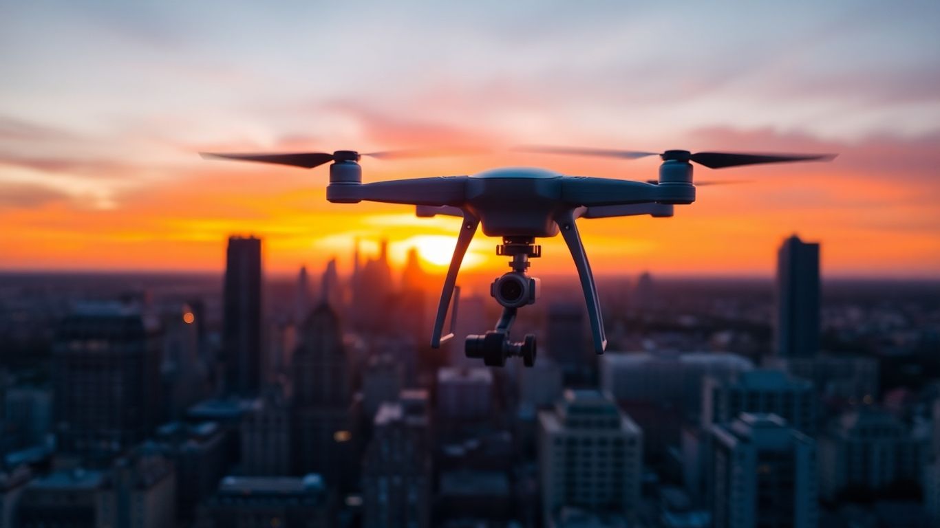 Drone sobrevoando cidade ao pôr do sol.