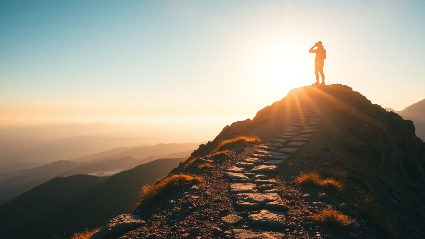 Person reaching mountain summit, symbolizing goal achievement.