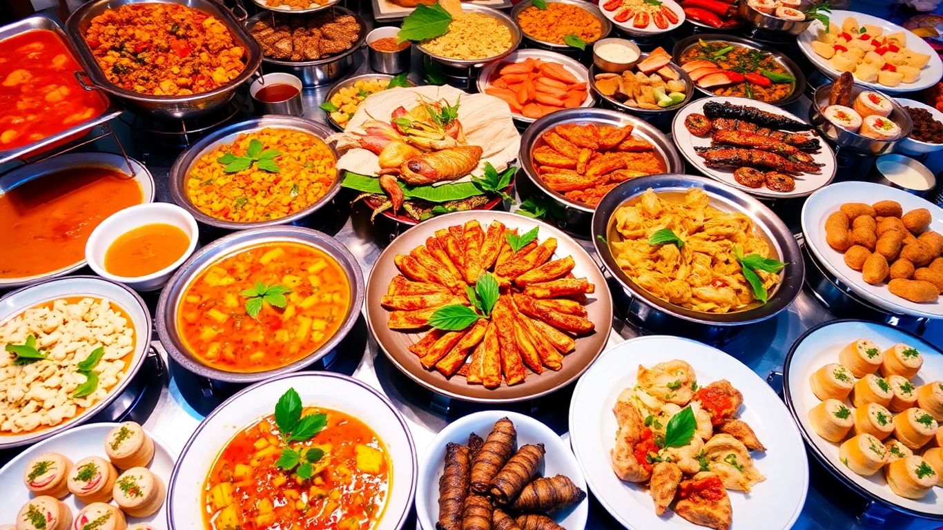 ภาพอาหารบุฟเฟ่ต์หลากหลายเมนู จัดวางอย่างสวยงามน่ารับประทาน