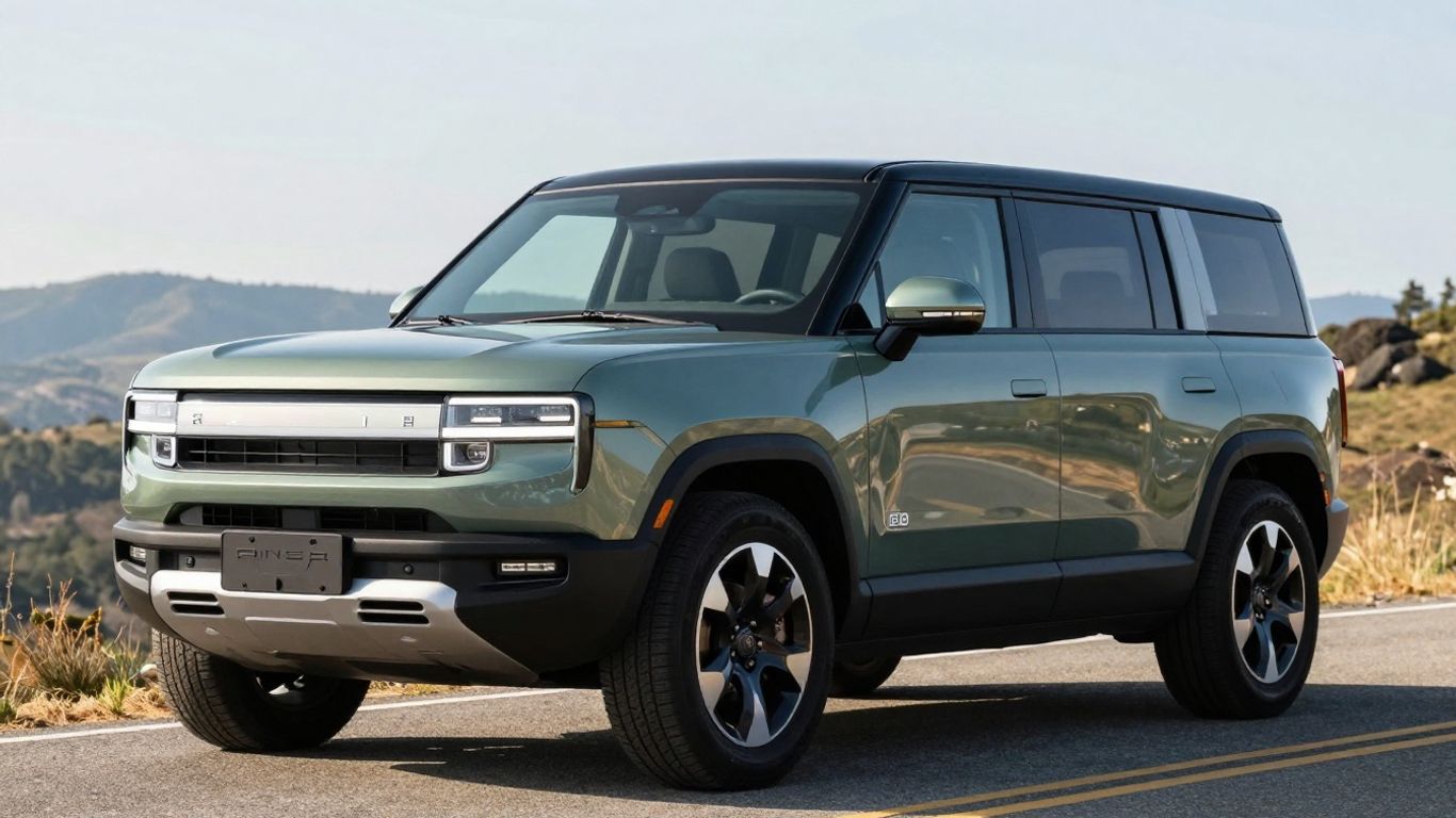 Rivian R2 electric SUV on a scenic road.