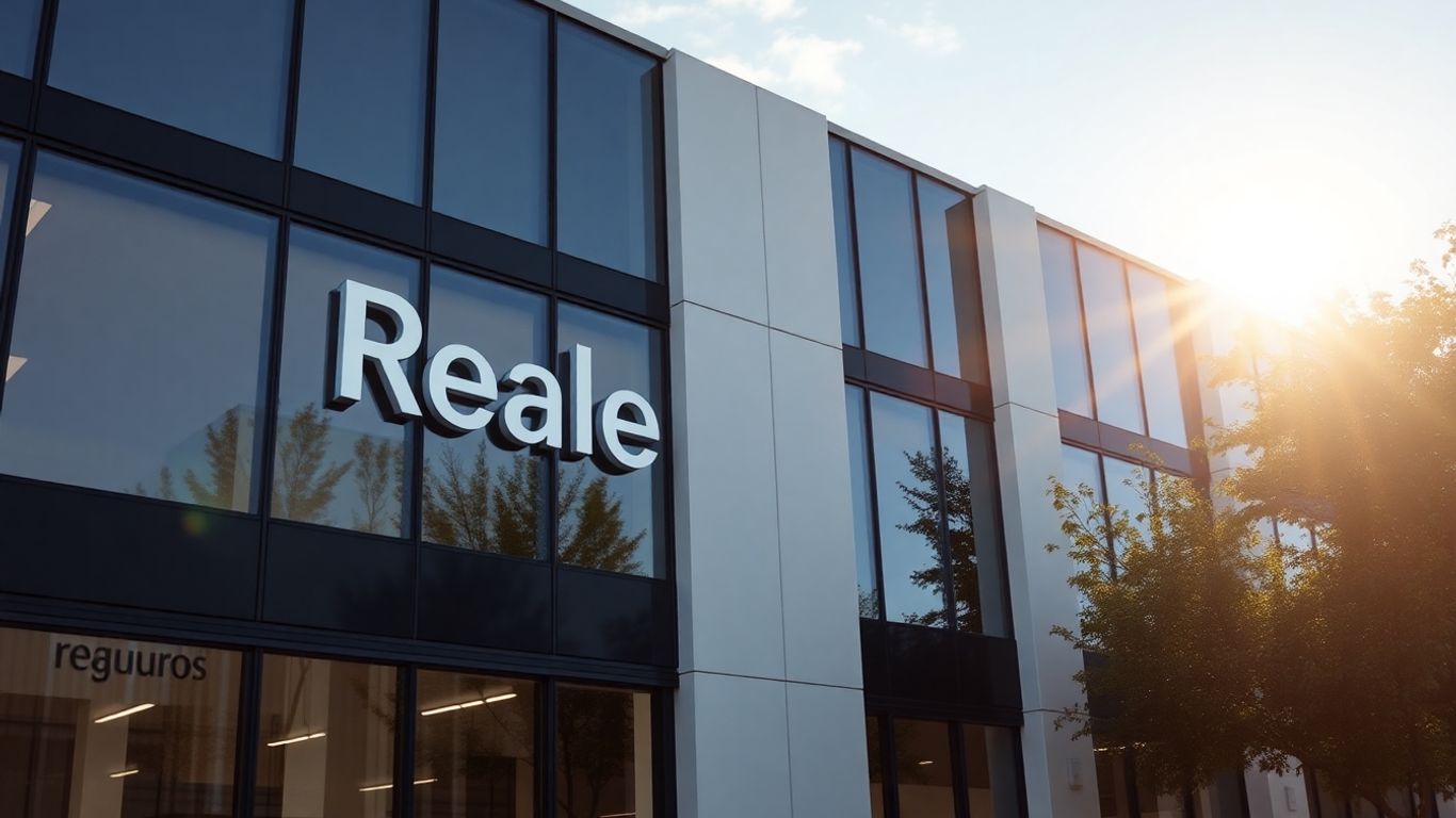 Edificio de Reale Seguros con logo y luz solar.