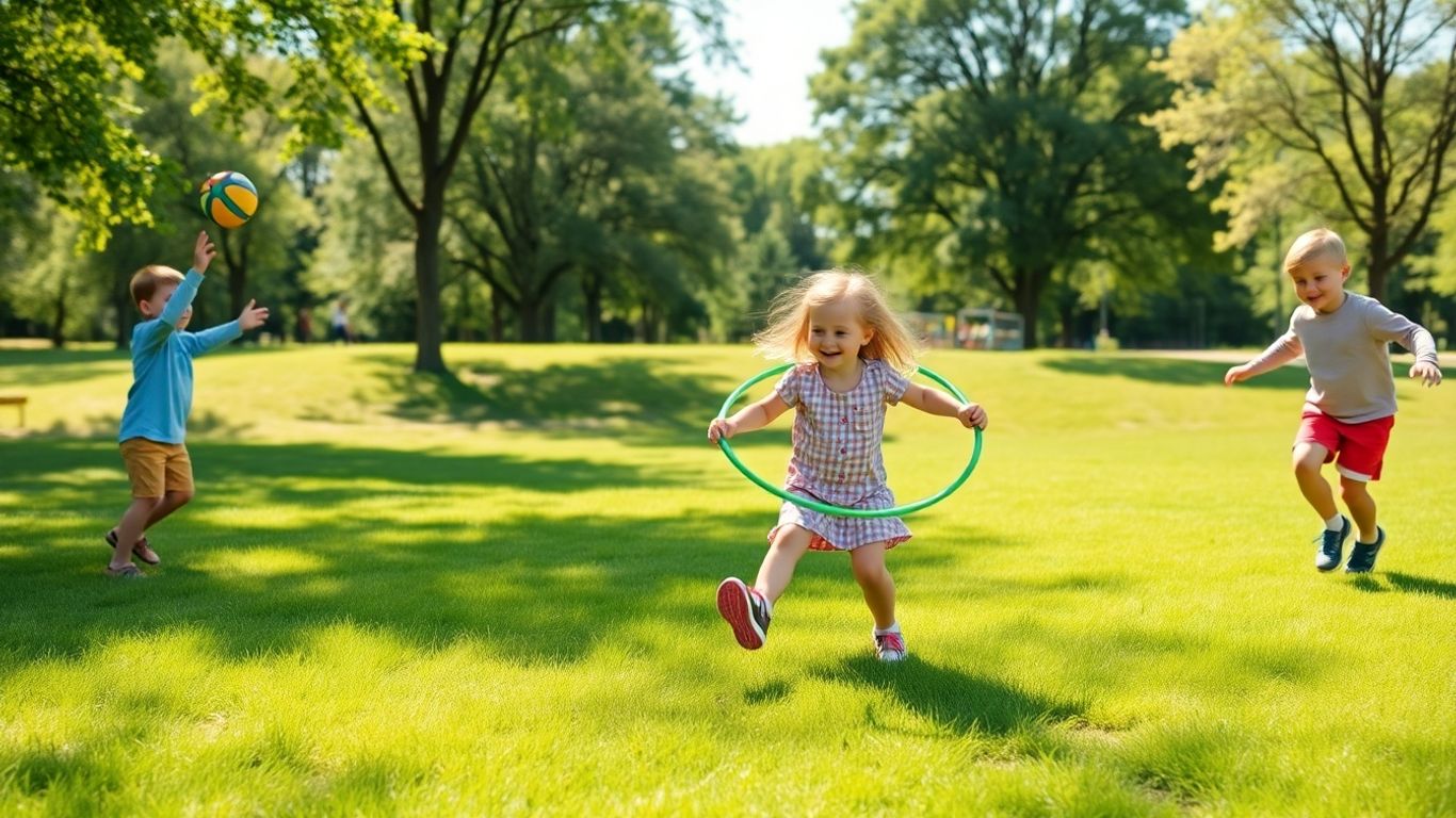 Kinder spielen im Freien mit Bällen und Seilen.