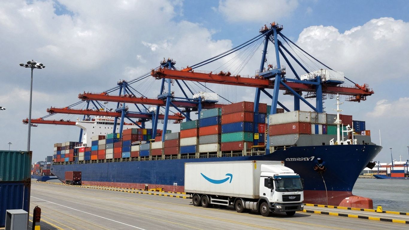 Amazon logistics and global trade with ships and containers.