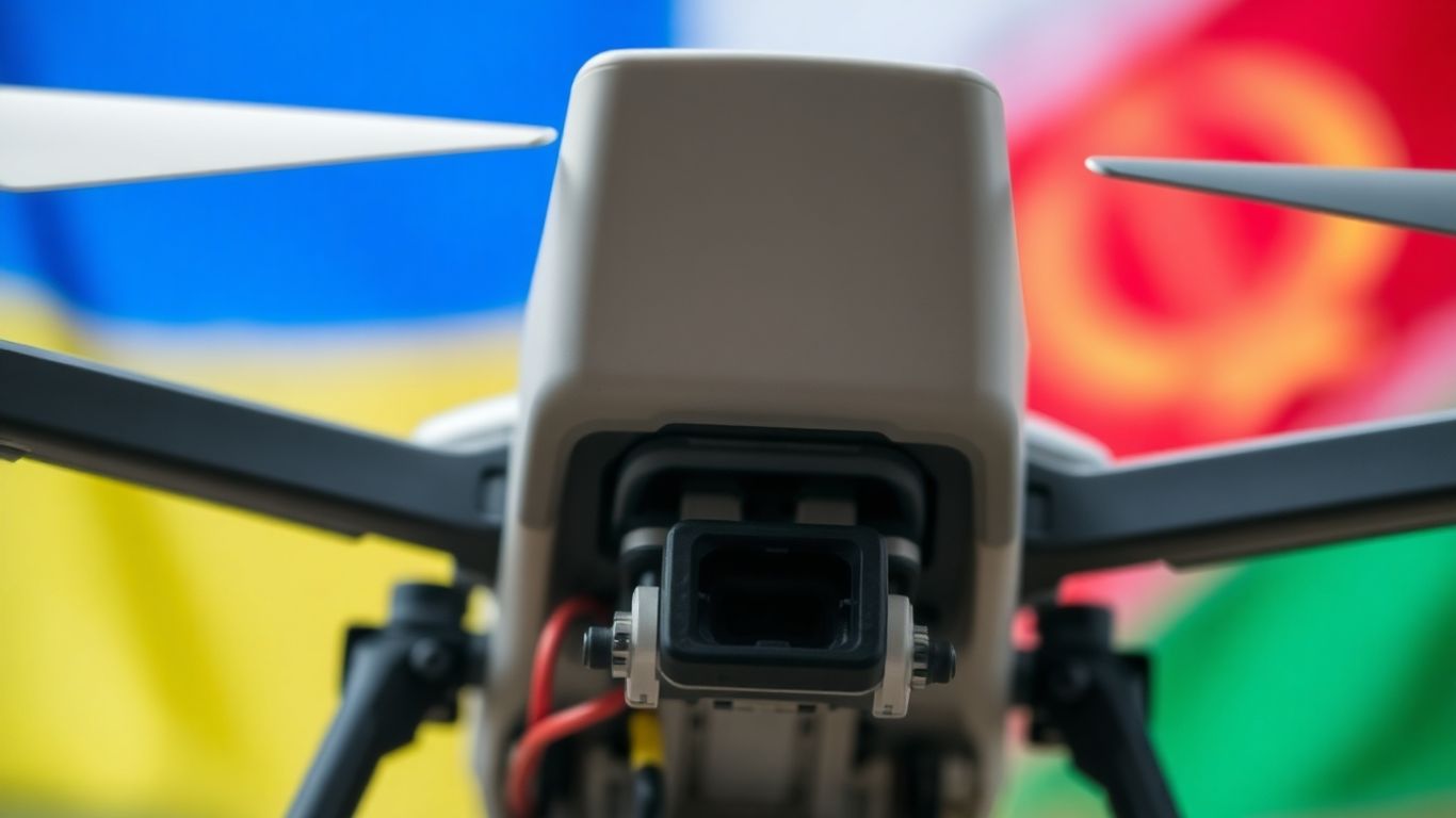 Drone with Ukrainian and Iranian flags in background.