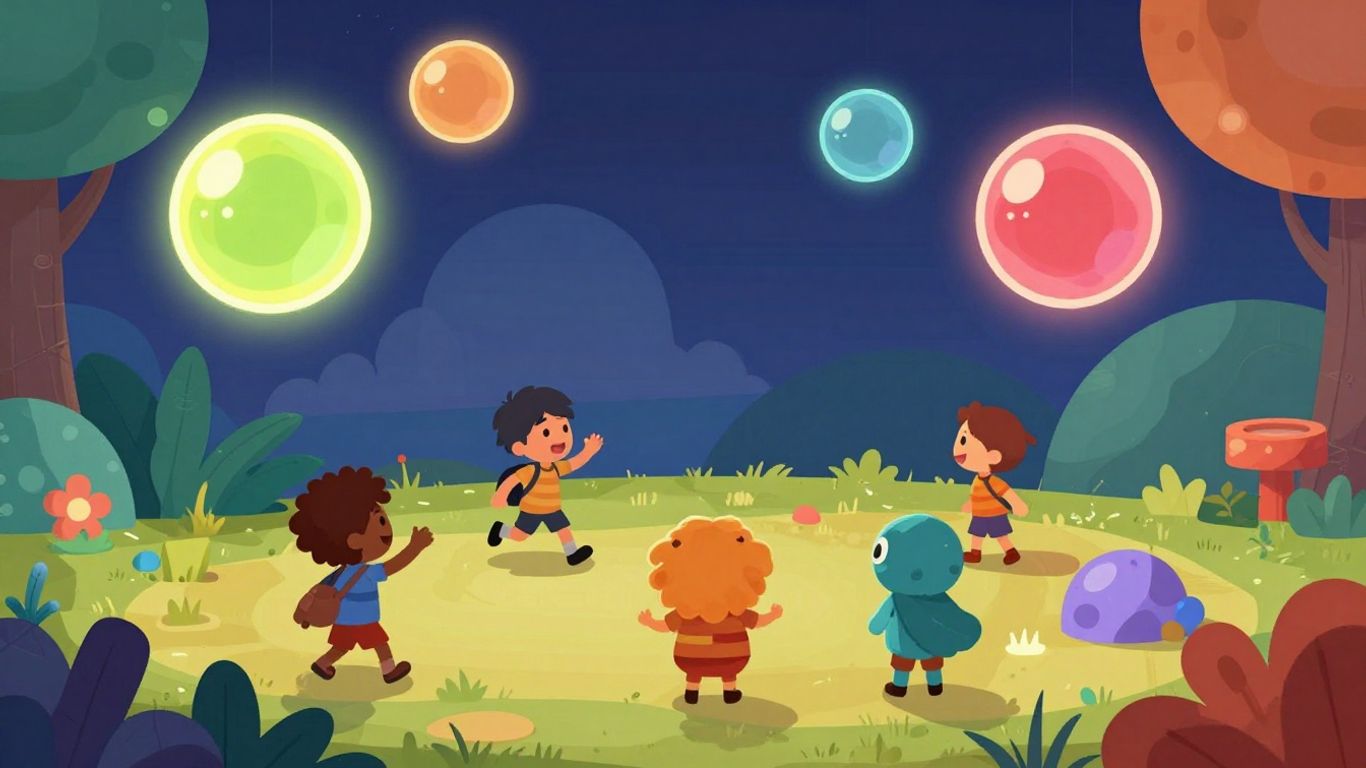 Colorful game elements and characters exploring abstract shapes.