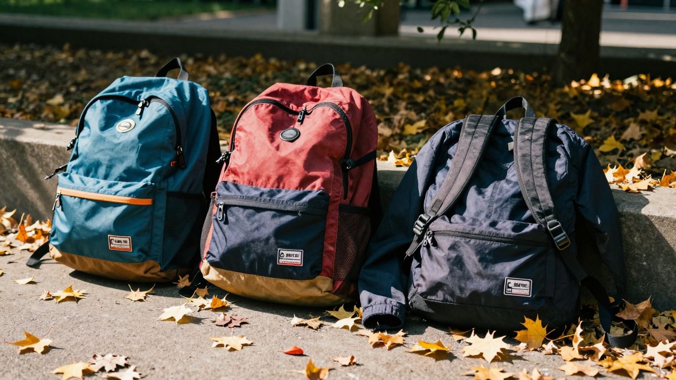 Backpacks and autumn leaves with jackets for sales.