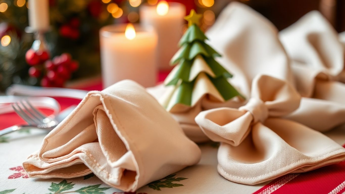 Holiday napkin folding styles on a festive table.