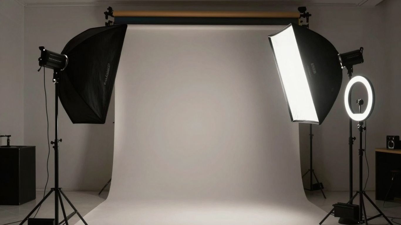 Fotografiestudio met diverse lampen en belichtingapparatuur.