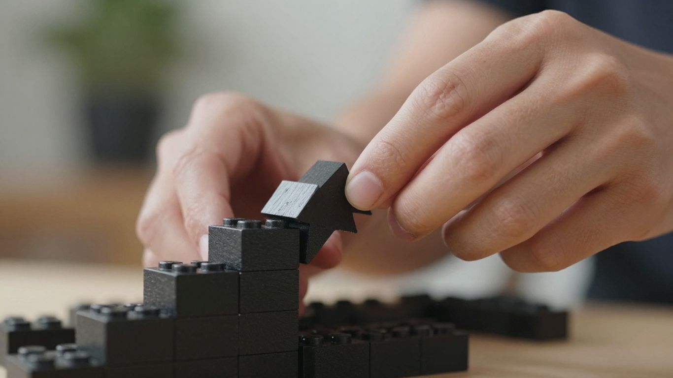 Hands building an upward arrow with blocks.