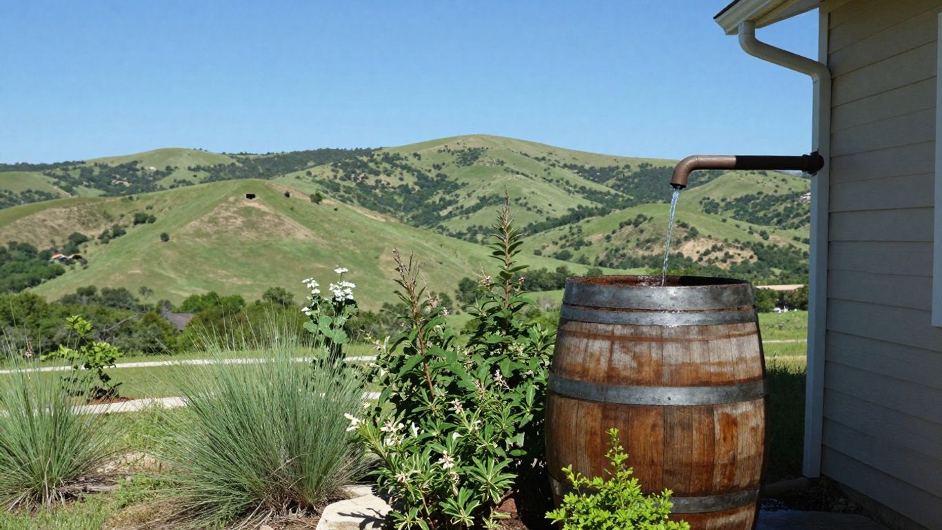 Rain barrel collecting water in Dripping Springs, Texas.