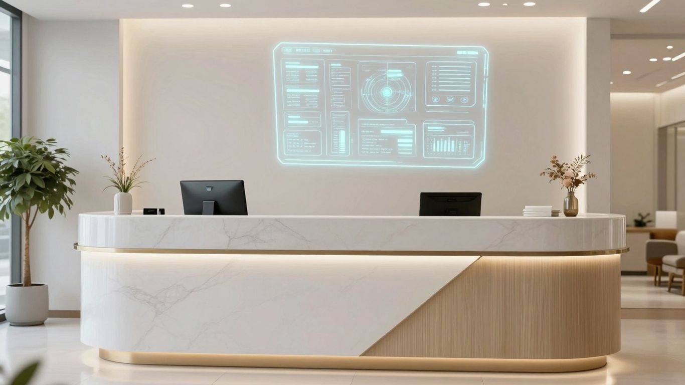 AI receptionist interface at a clinic reception desk.