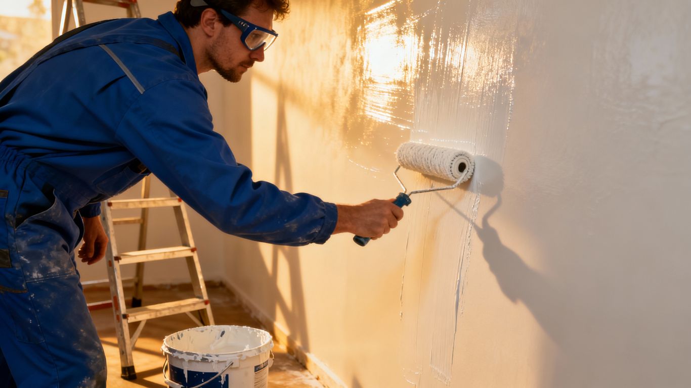 Painter applying white paint to an interior wall.