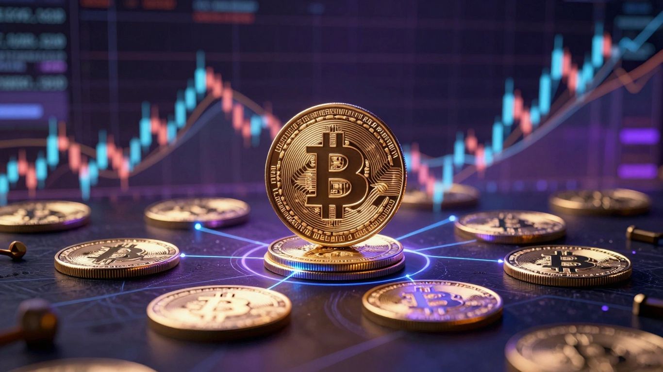 Crypto and stock market elements merging in a digital landscape.