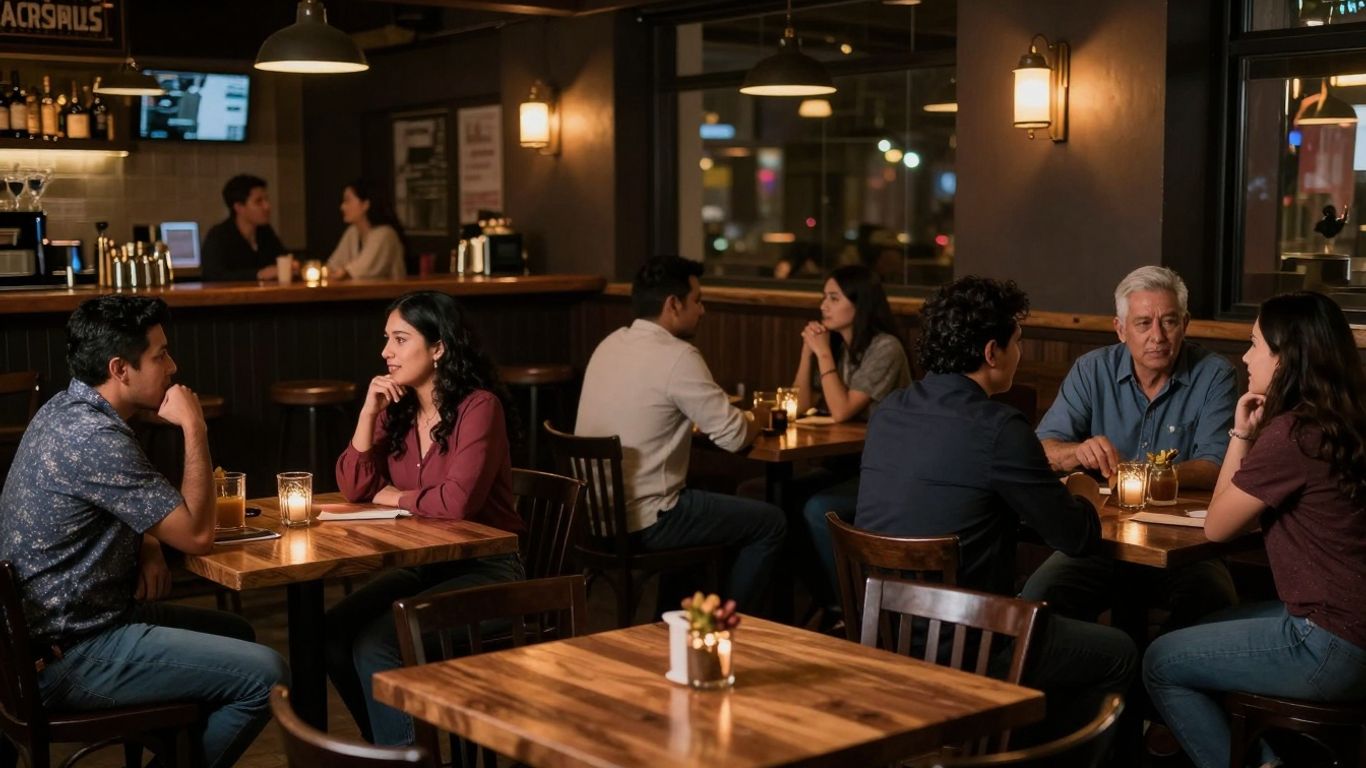 Cozy bar interior with people socializing.