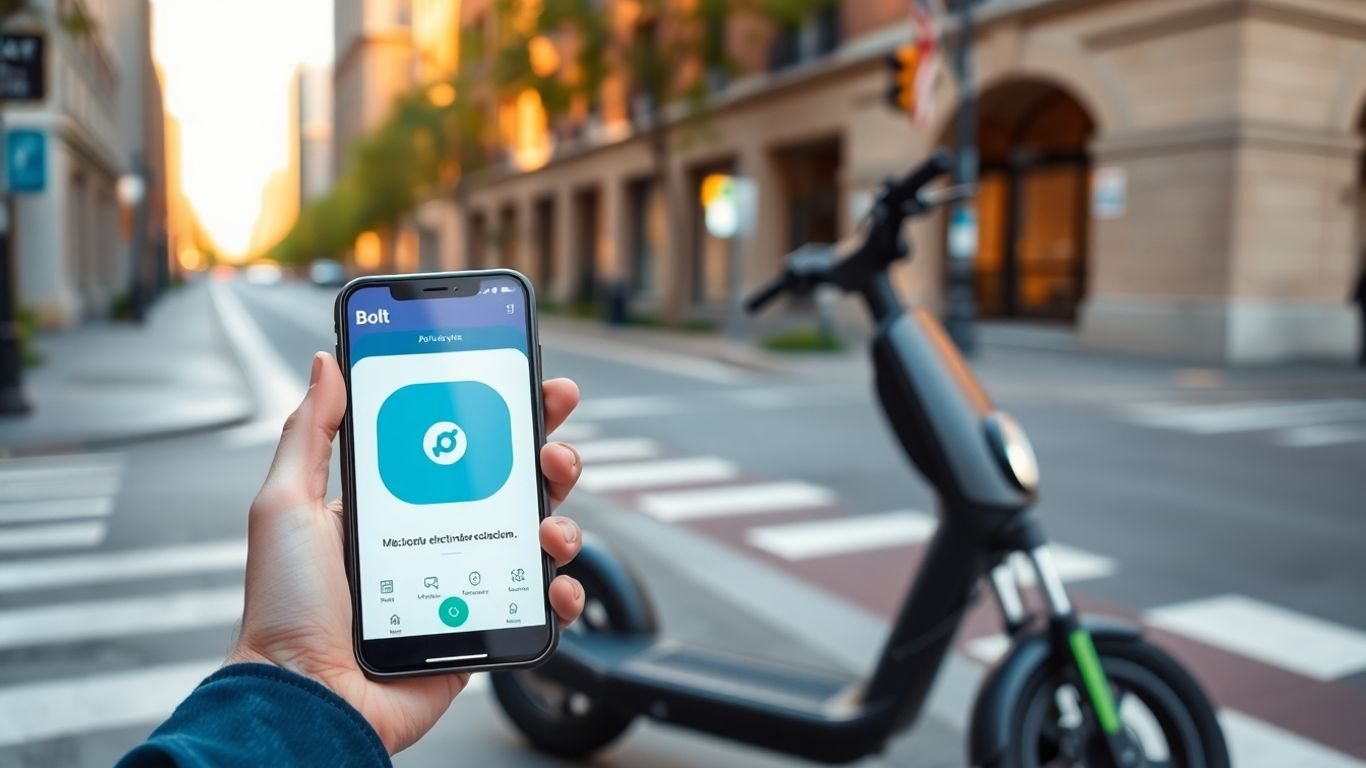 Pessoa segurando smartphone com app Bolt e trotinete elétrica.