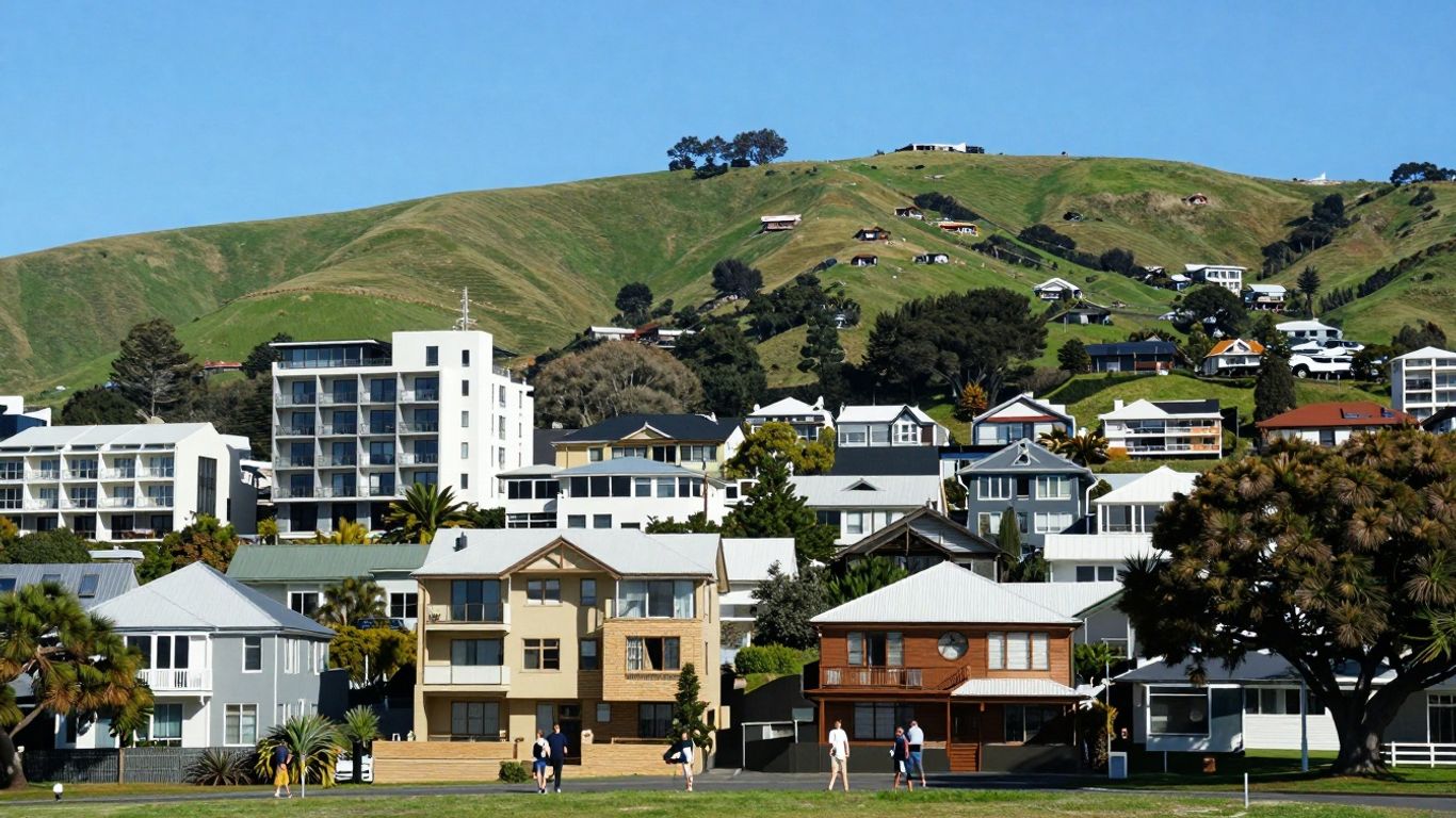 New Zealand housing with green hills and blue sky.