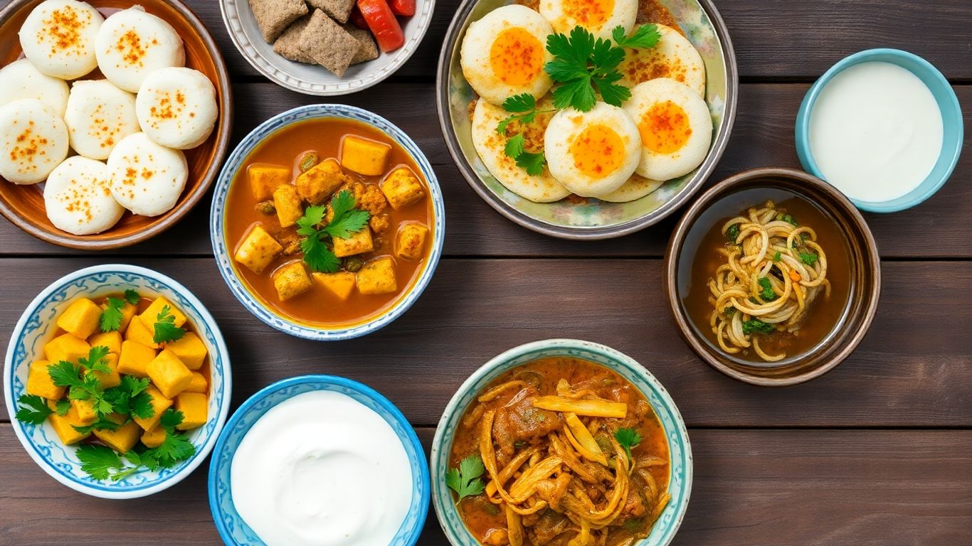 High protein Indian breakfast dishes on a table.
