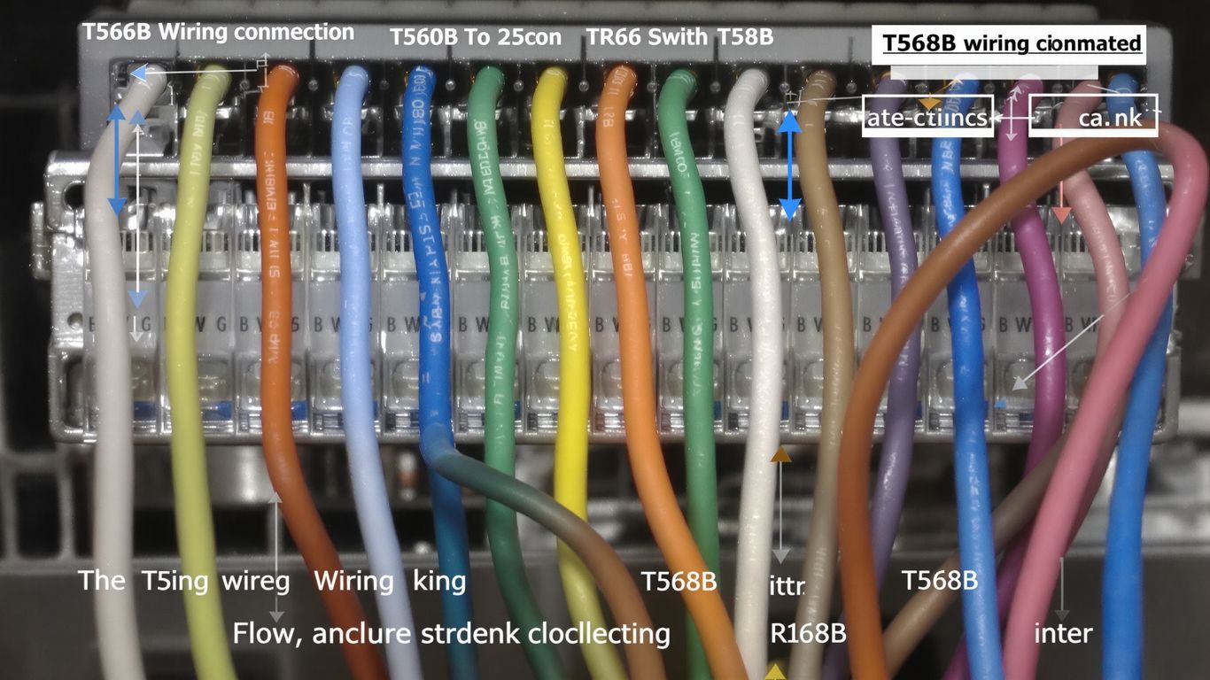 T568B wiring diagram with colored Ethernet cable connections.