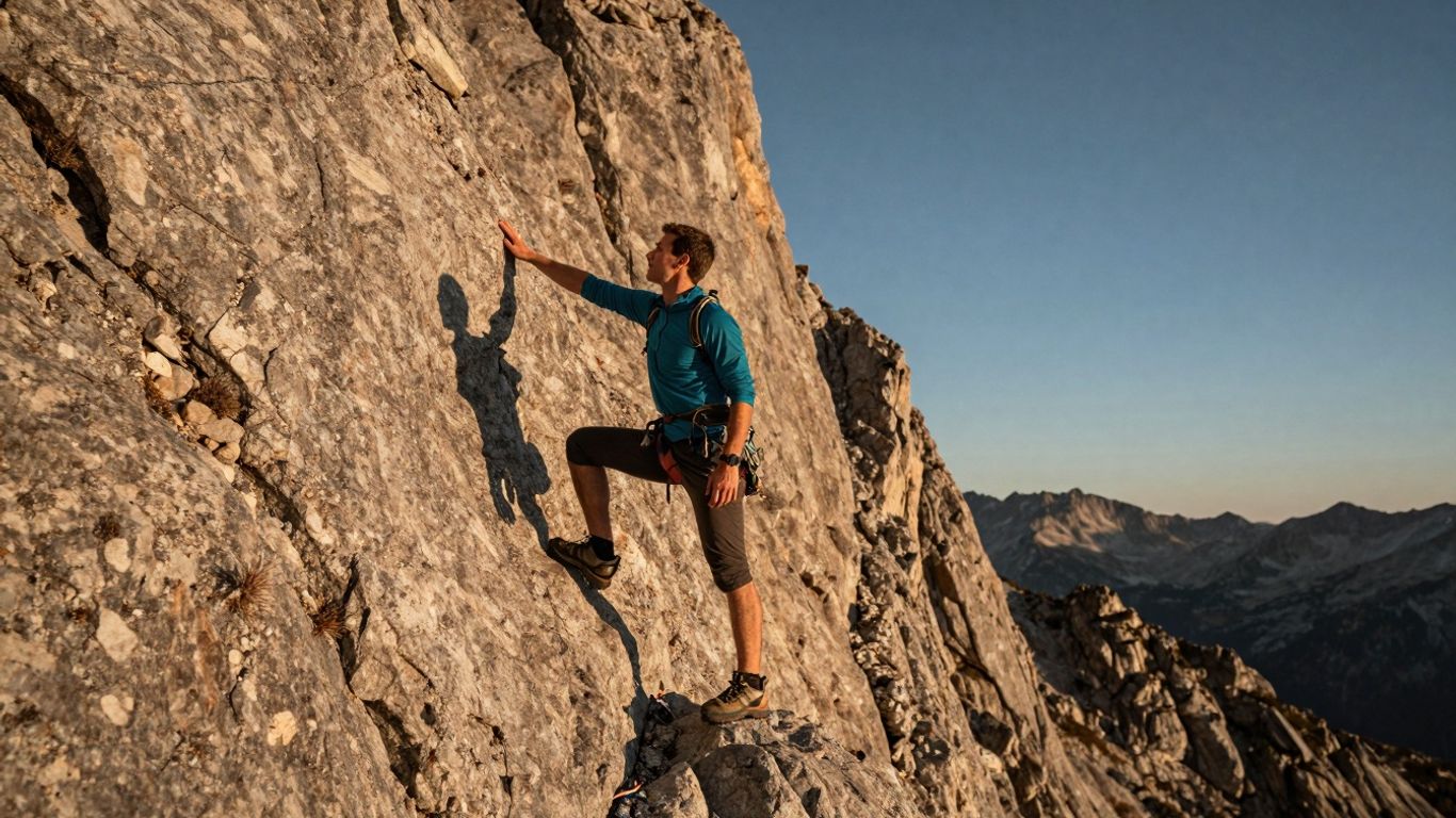 Professional reaching mountain summit at golden hour.