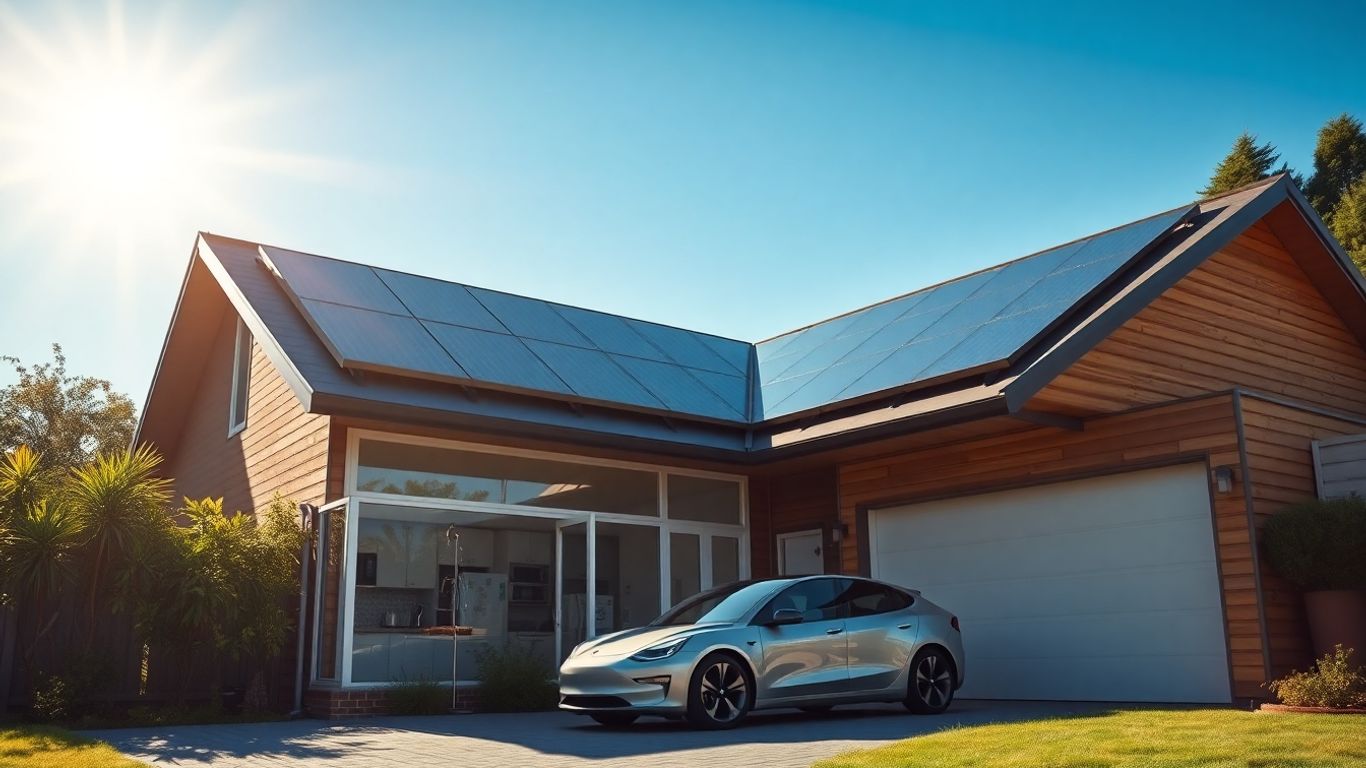 Maison moderne avec panneaux solaires et voiture électrique devant
