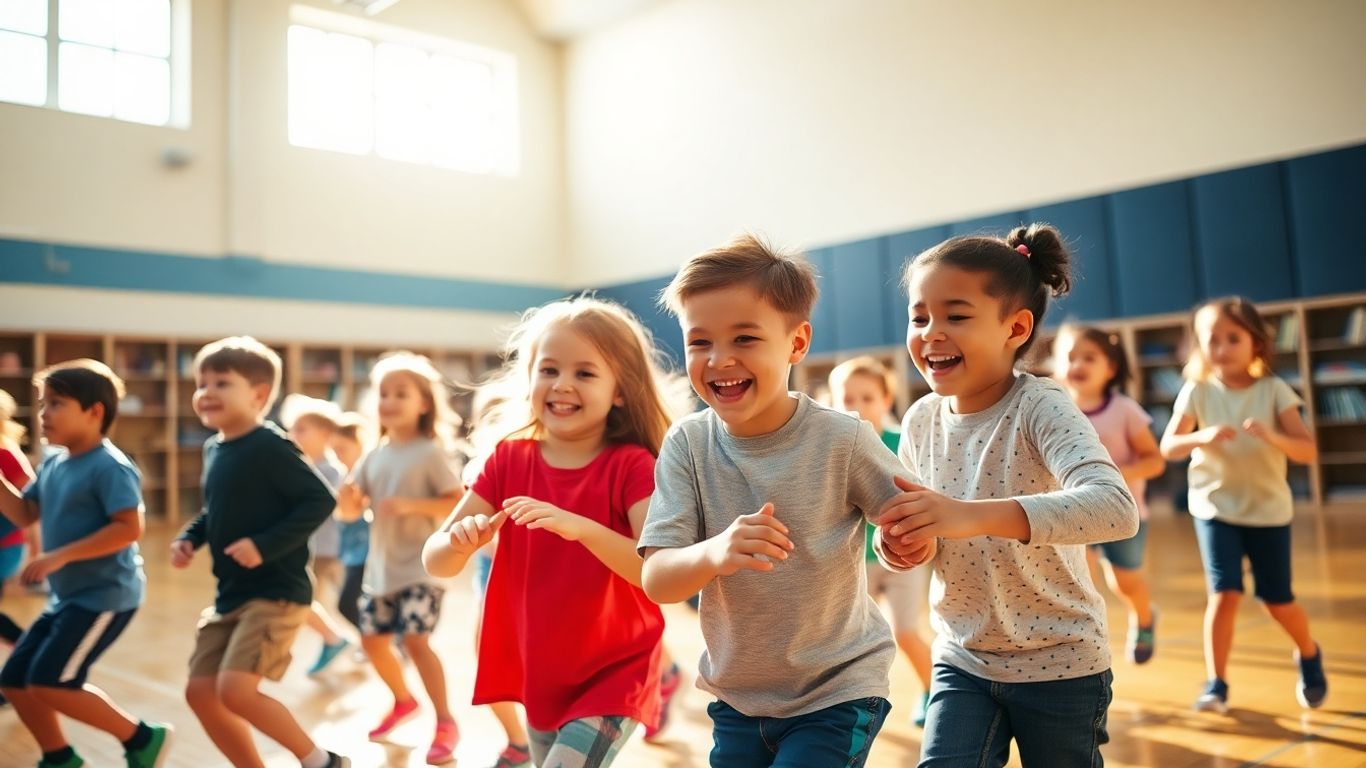 Kinder spielen und bewegen sich in einer Turnhalle.