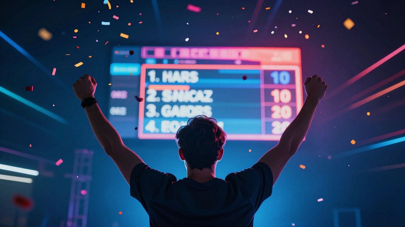 Person celebrating amidst a glowing scoreboard and confetti.