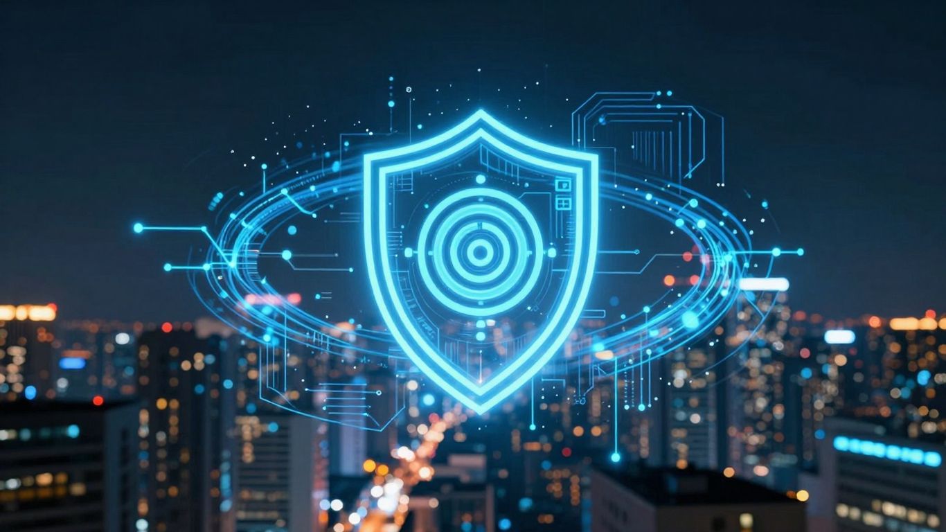 Futuristic cityscape with AI circuits and a digital shield.