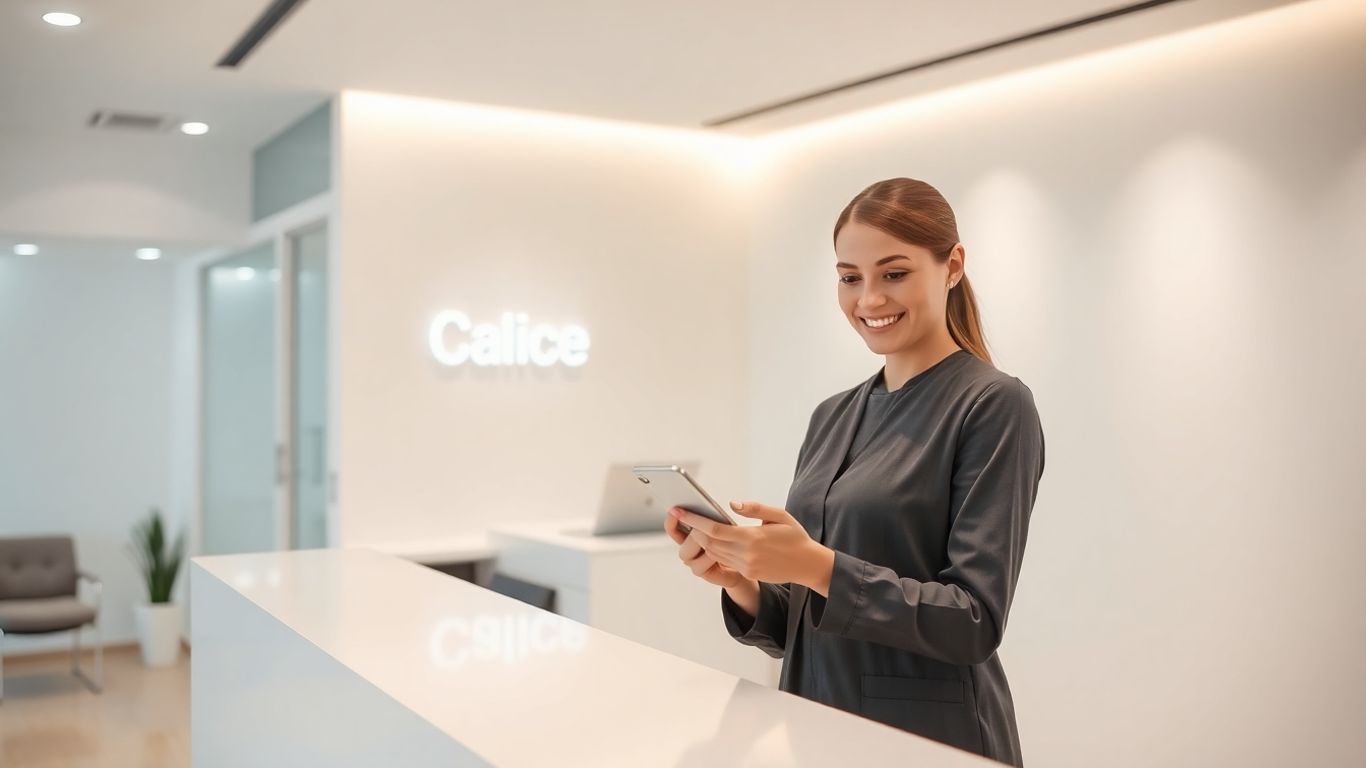 Clinic staff member using AI phone assistant for operations.