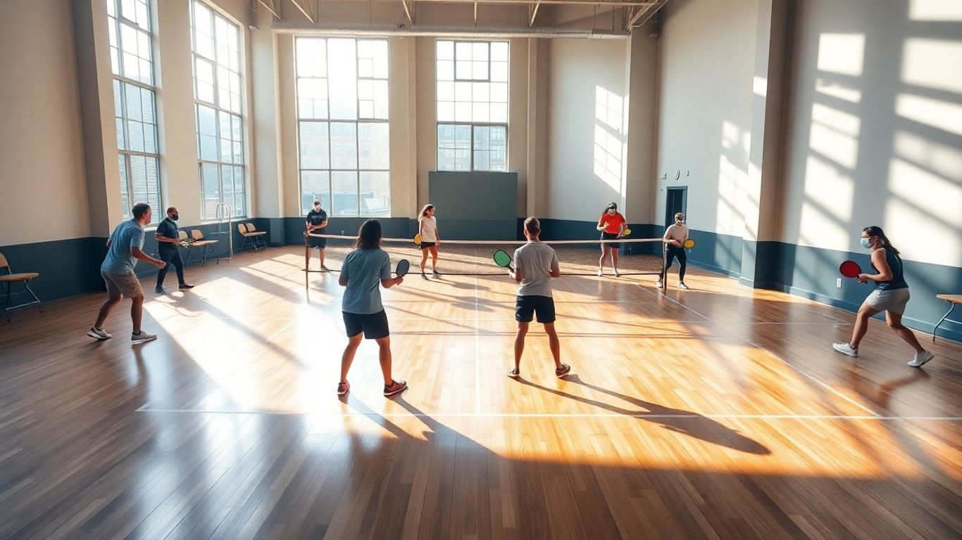 Indoor pickleball court with players in NYC