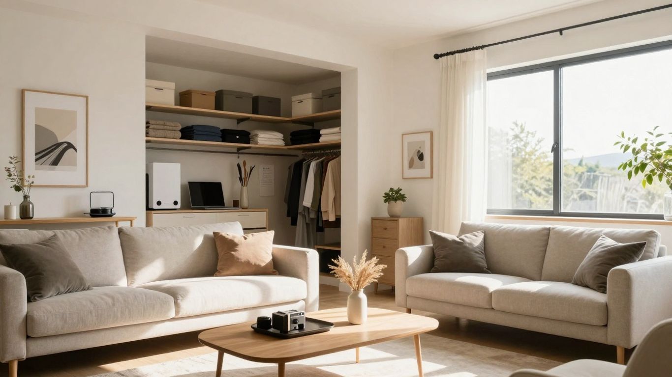 Sala de estar y armario con seguro de hogar.