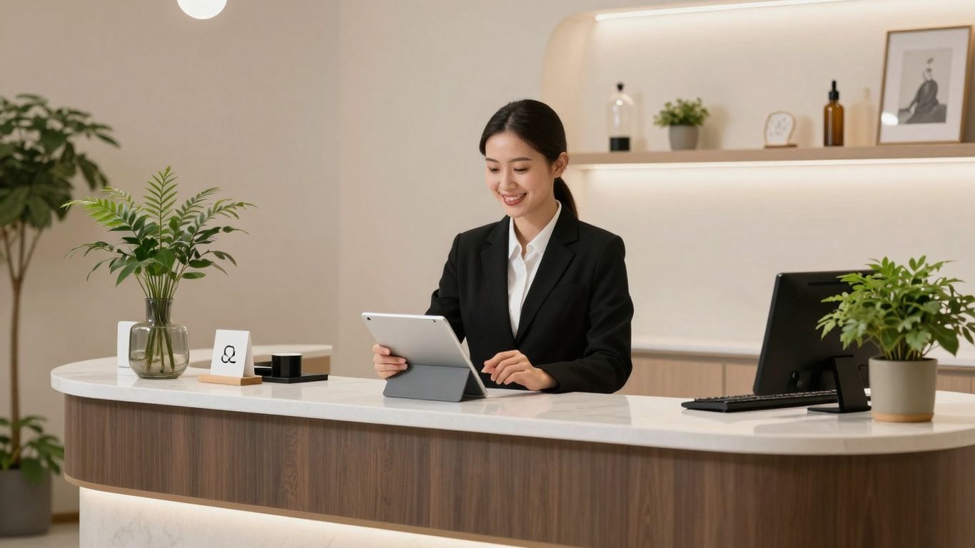 Clinic receptionist using a tablet to manage appointments.