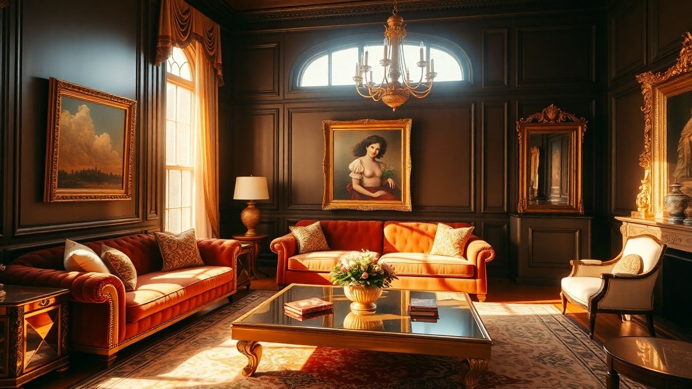 Luxurious living room with gold furniture and decor.