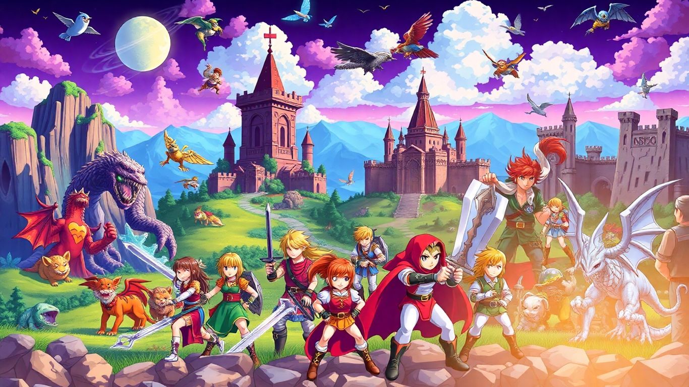 Pixel SNES RPG heroes with castles and monsters