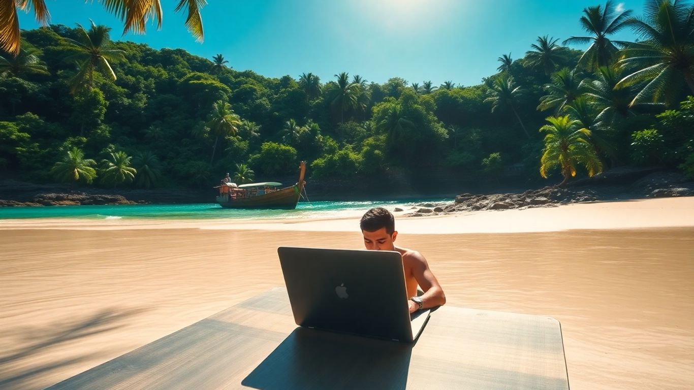 Bali beach with person working on laptop