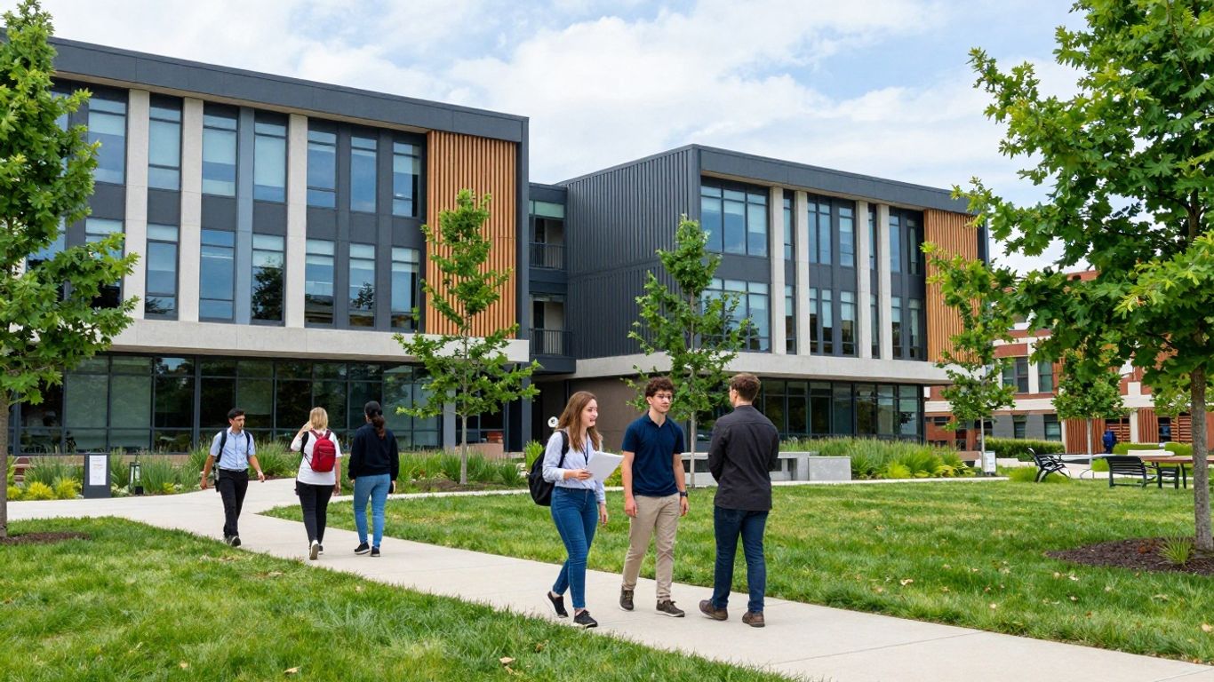 RIT campus buildings and students in a lively outdoor setting.