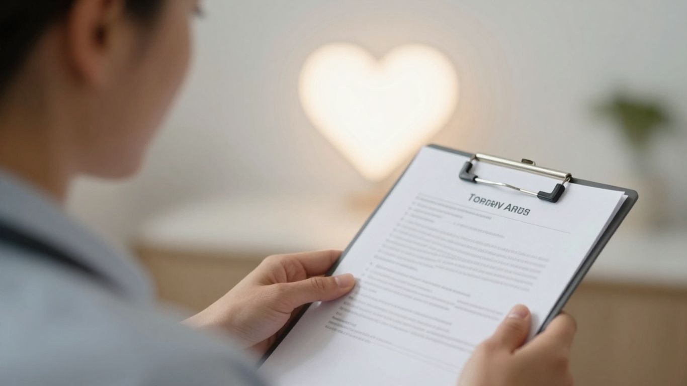Person reviewing health document with heart symbol.